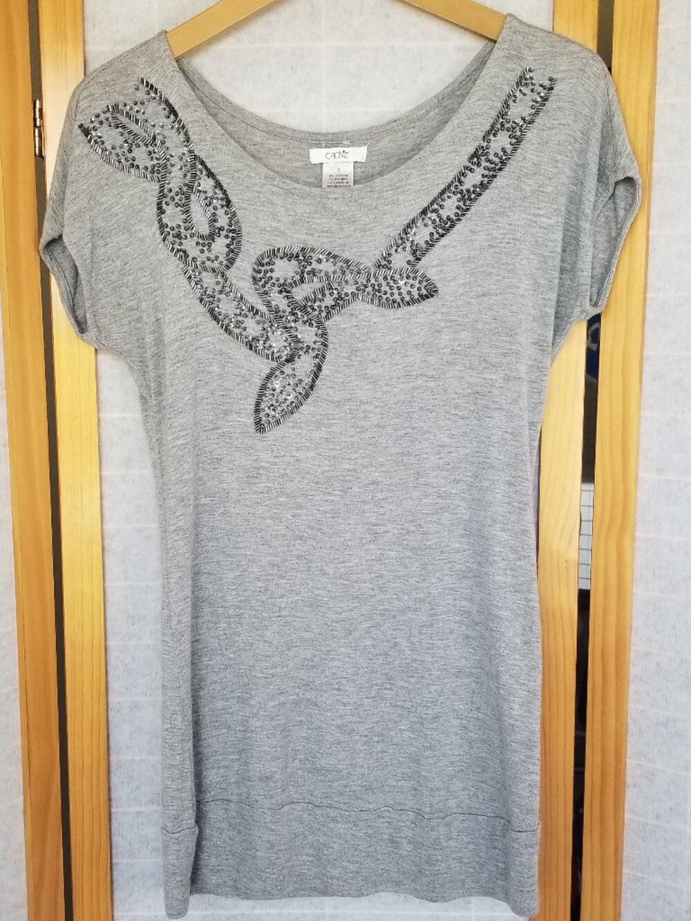 Cache' Serpentine Beaded Top Vintage Gray Stretch Jersey Size Small Y2K
